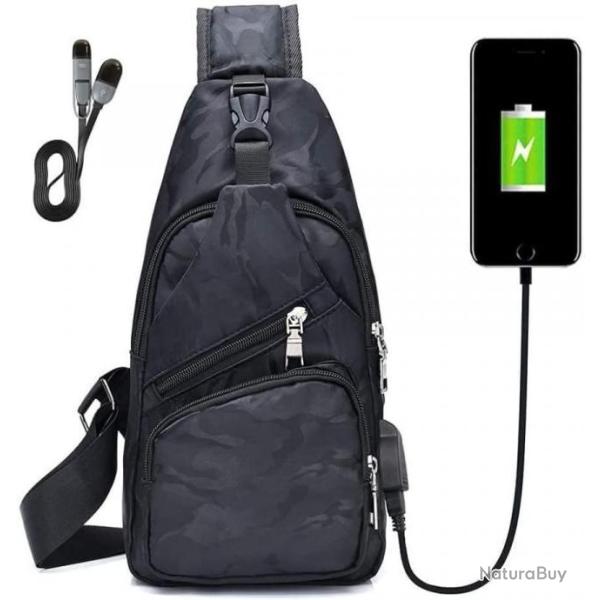 Sac � Dos Sacoche Bandouli�re Chargement USB V�lo Course Camping Randonn�e Voyage Camouflage Noir