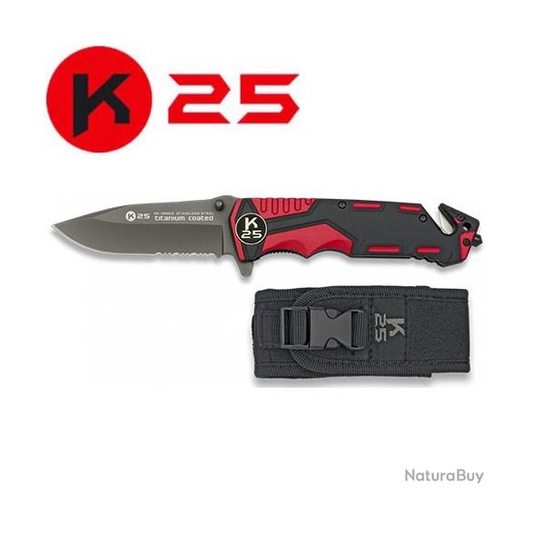 Couteau pliant tactique K25 19653 - Rouge/Noir - Lame 9,40 cm