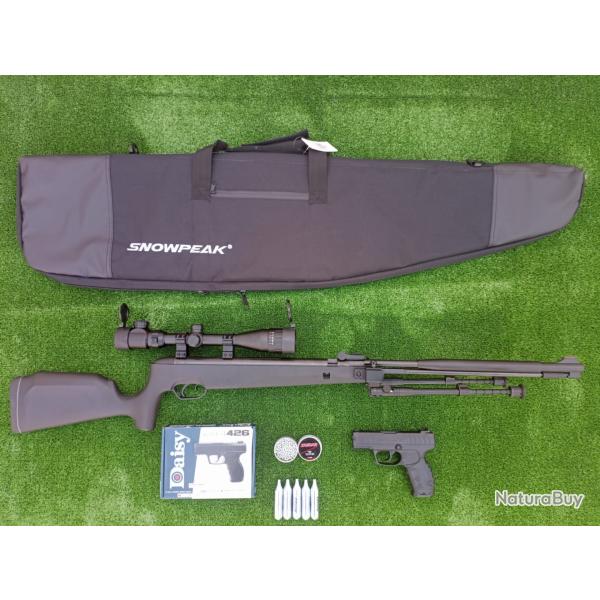PACK-15 Carabine Piston gaz Snowpeak  SU1200S, Canon Fixe Cal. 4,5 mm 19,9 j. + Pistolet Daisy 426
