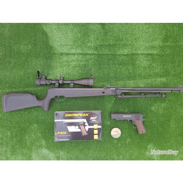 PACK-18 Carabine Piston gaz Snowpeak SU1200S, Canon Fixe Cal. 5,5mm 19,9 j.+ Pistolet LP400 4,5 mm