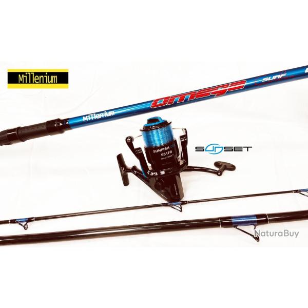Ensemble surf carbone, canne Millenium Omega 4M20 + Moulinet Sunset sunfish 651 FD