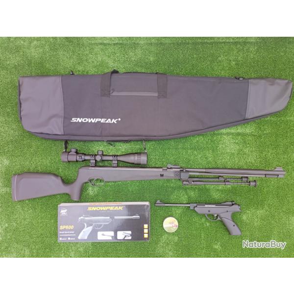 PACK-17 Carabine Piston gaz Snowpeak SU1200S, Canon Fixe Cal. 5,5 mm 19,9 j.+ Pistolet SP500 4,5 mm