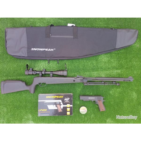 PACK-16 Carabine Piston gaz Snowpeak SU1200S, Canon Fixe Cal. 5,5mm 19,9 j.+ Pistolet LP400 4,5 mm