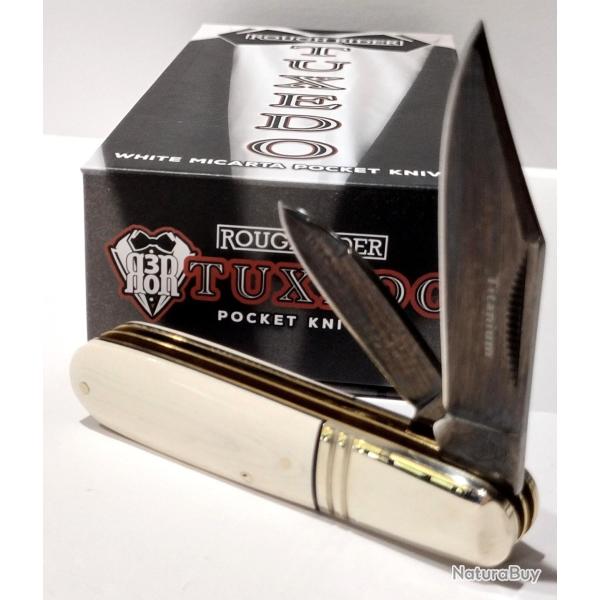 Couteau Rough Ryder Tuxedo Slip Joint Barlow Lame Clip/Pen Acier 440 Manche Micarta Blanc RR2669