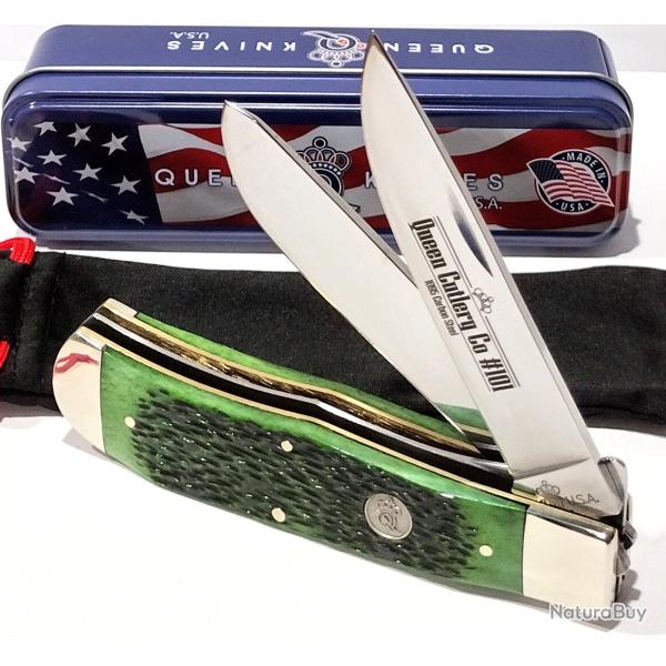 Couteau Queen Cutlery Lames Clip/Spey Acier Carbone 1095 Manche Os Vert Linerlock USA QGPSB206L