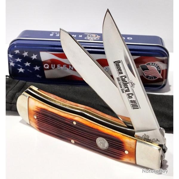 Couteau Queen Cutlery Lame Clip/Spey Acier Carbone 1095HC Manche Os Amber Winter USA QAWB206L