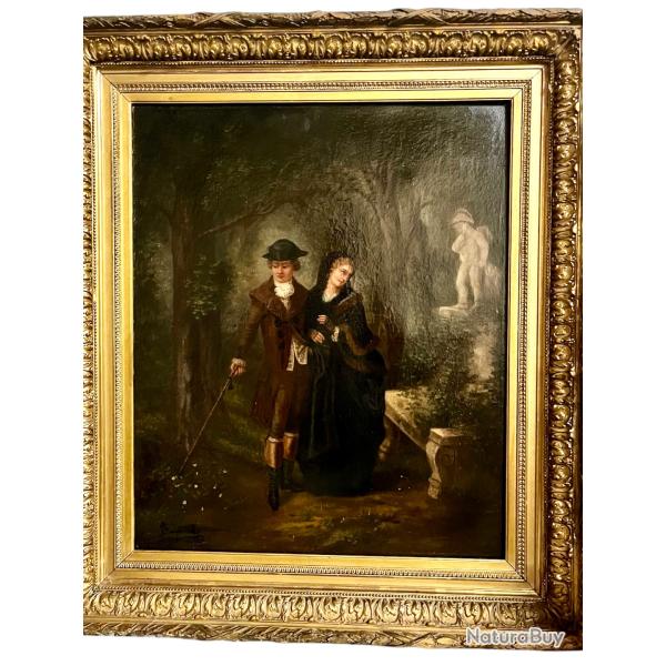 Compte Calix huile sur toile couple bourgeois dans un parc