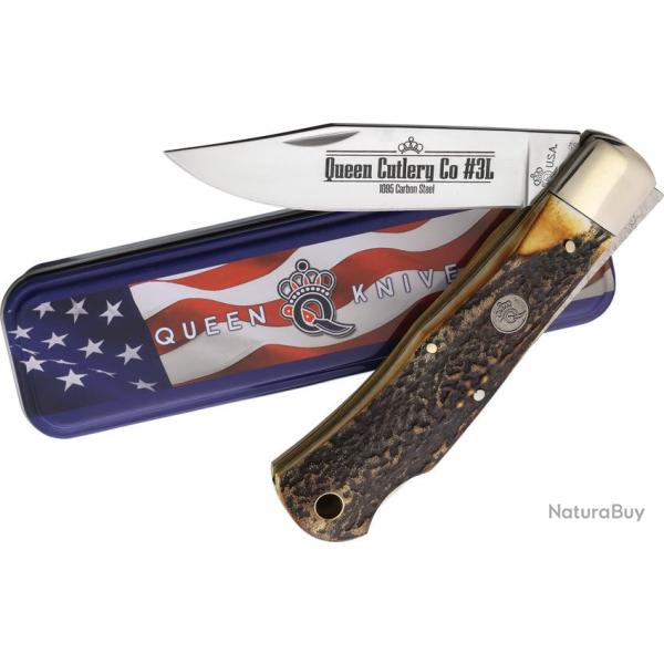 Couteau Queen Cutlery Lame Clip Point Acier Carbone 1095 Manche Bois Cerf Backlock USA QGSH106
