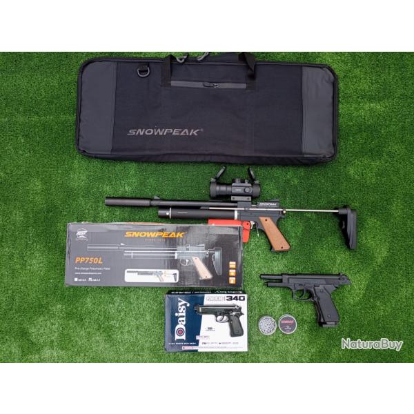 PACK COMBIN-7 ! Pistolet Snowpeak PP750L 5,5mm  + Sac Transport + Daisy 340 Bbs + POINT ROUGE 2X40D