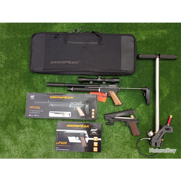 PACK COMBIN-11 ! Pist. Snowpeak PP750L 4,5mm + Lunette + Pompe Pcp + Pistolet-Laser PCP LP400 4,5