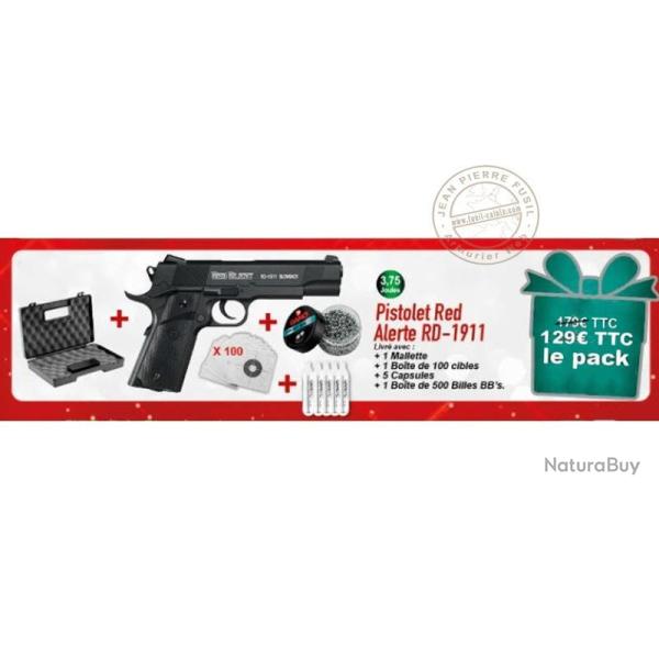 Pack pistolet � plomb 4,5 mm BB Red Alert RD-1911 Blow-back (3 joules) - PACK NOEL 2025