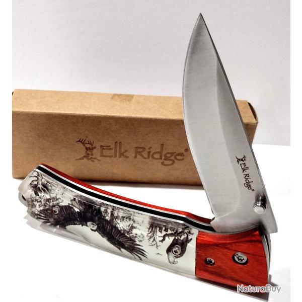 Couteau Elk Ridge Eagle Lame Drop Point Acier 3Cr13 Manche Acrylique/Bois Lockback ER2012EA