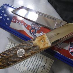Couteau Queen Cutlery Barlow Lame Acier Carbone 1095 Manche Bois de Cerf Slip Joint USA QGSH180