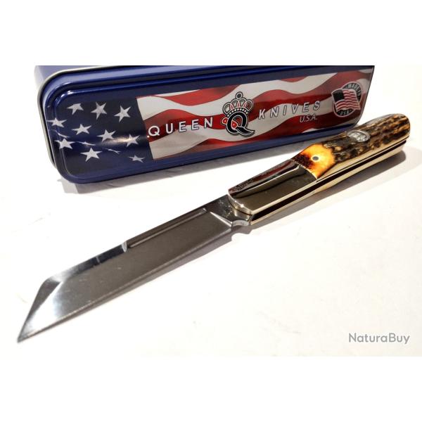 Couteau Queen Cutlery Barlow Lame Acier Carbone 1095 Manche Bois de Cerf Slip Joint USA QGSH180