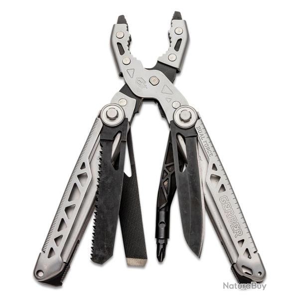 Pince Outil Multifonction Gerber Dual-Force Lame Acier Argent et Noir Tournevis Scie Etui G1721