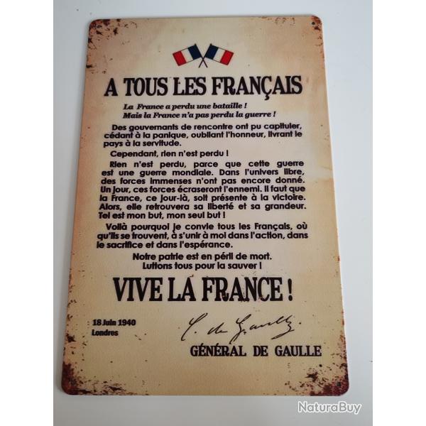 PLAQUE M�TAL  "APPEL DU 18 JUIN""