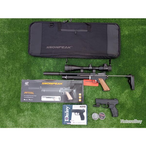 PACK COMBIN-13 ! Pist. Snowpeak PP750L 4,5mm + Lunette + Pistolet-Laser Daisy 426 Co2 Cal. 4,5 mm