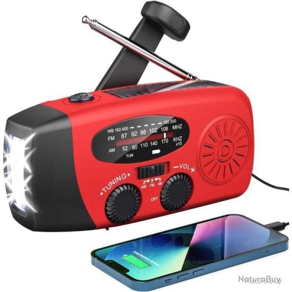 RADIO SOLAIRE MULTIFONCTION AVEC MANIVELLE POWERBANK ET LAMPE TORCHE - ROUGE - LIVRAISON GRATUITE