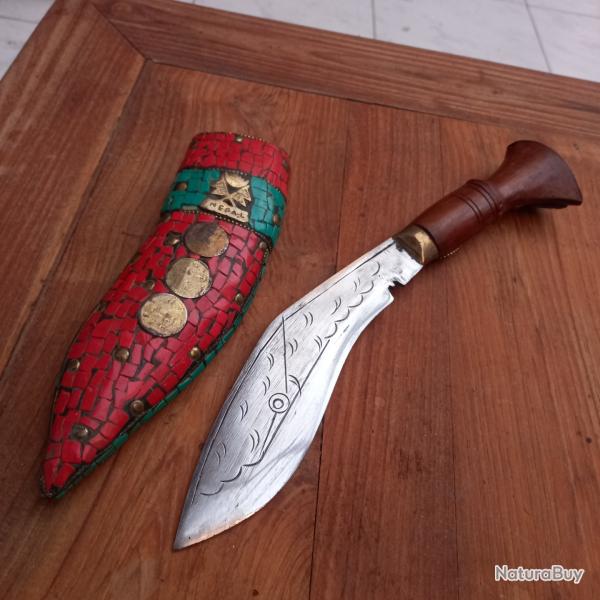 Magnifique Couteau KUUKRI N�PALAIS Manche en Bois avec Fourreau en Cuir