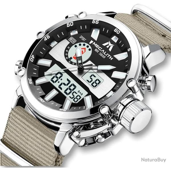 Montre militaire - Chronographe - Acier inoxydable - Analogique - Ecran LED - Kaki