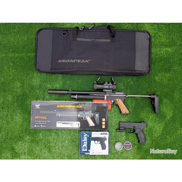 PACK COMBIN�-18 ! Pistolet PCP Snowpeak PP750L C. 5,5 mm + Sac + Point Rouge + Daisy 426 Cal. 4,5 mm