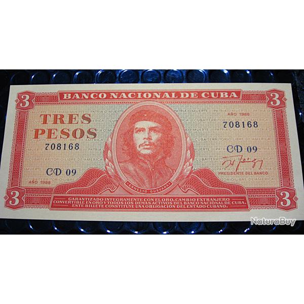 CUBA  billet de 3 peso  1988   (Che Guevara) superbe voir neuf