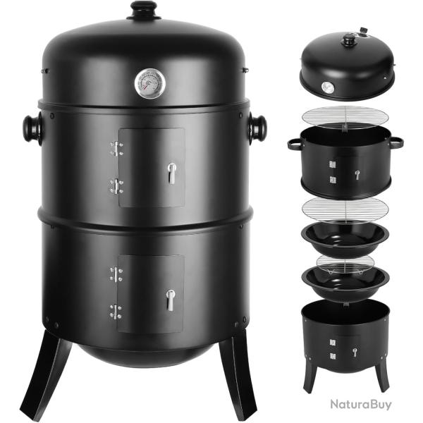 Fumoir Barbecue 3 en 1 44,5 x 80 cm Charbon de Bois avec Thermom�tre, Bac � Eau et 2 Grilles