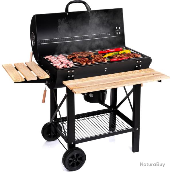 Barbecue Charbon de Bois XL Avec �tag�res Lat�rales en Bois, Roulettes, Couvercle et Grille XXL