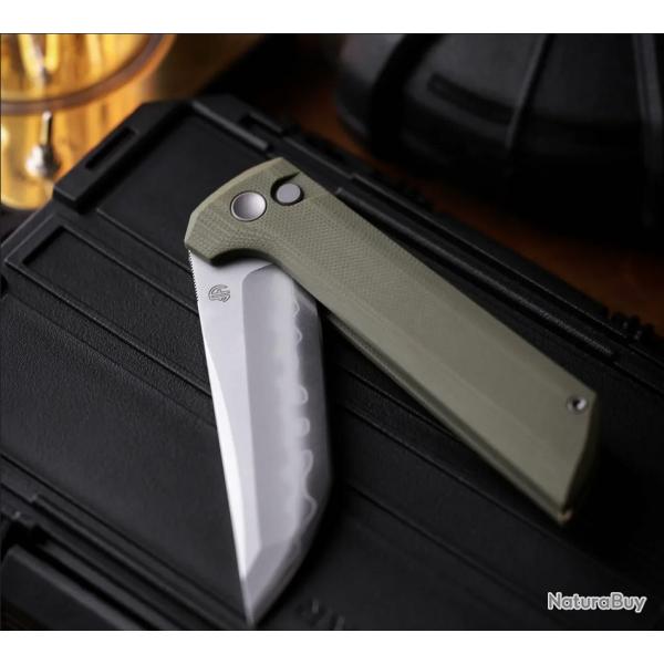 Couteau North Mountain Blade Lame TANTO Acier SLD-Magic San Mai Manche Green Button Lock NMB2406G