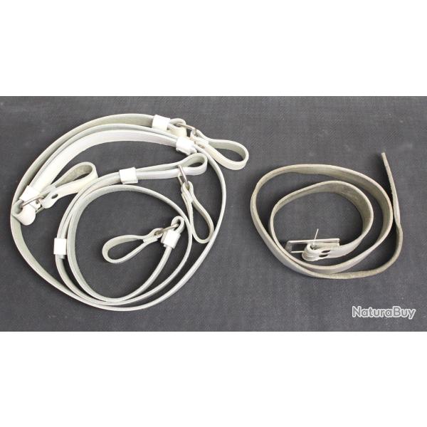 Ensemble ceinture et deux bretelles (baudrier) en cuir blanc militaire