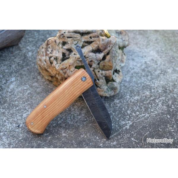 Couteau Pi�montais Manche Bois Olivier Lame Acier Damas 128 Couches Sheepsfoot Fabric Artisanale