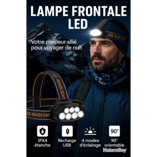 Lampe Frontale LED Rechargeable USB Ultra Puissante  8 LED 4 Modes �tanche IPX4 LIVRAISON GRATUITE