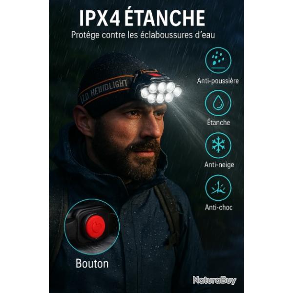 Lampe Frontale LED Rechargeable USB Ultra Puissante 8 LED 4 Modes �tanche IPX4 LIVRAISON OFFERTE