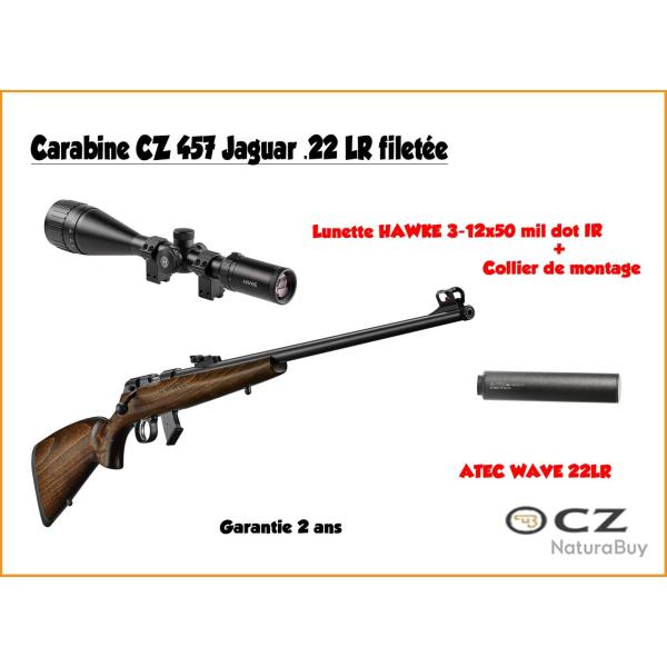 Pack CZ 457 Jaguar .22 LR filet�e + hawke 3-12x50 + silencieux 1/2X20 UNF