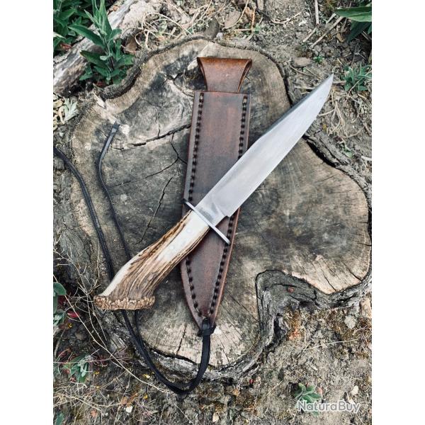 couteau bowie old west d'artisan / acier carbone 1075 / bois de cerf