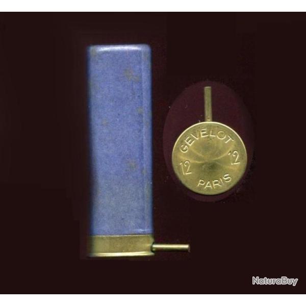Cal. 12 � broche - carton bleu - GEVELOT PARIS - petits plombs visibles par le bourre transaprante