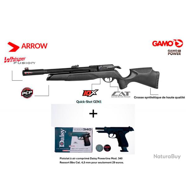 Vente flash ! Carabine PCP Gamo Arrow Cal. 4.5 mm 19.9J + Pistolet Daisy 340 Ressort Bbs Cal. 4,5 mm