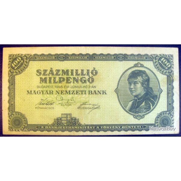 Billet 1946 Hongrie 100,000,000,000,000 Mil Pengo (100 Trillion) de banque, papier-monnaie Hungary