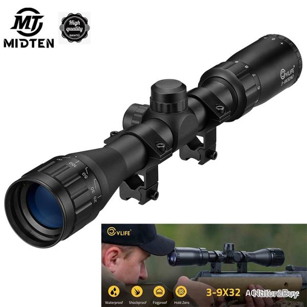 Lunette de vise MidTen 3-9x32 AO Hunting 22 avec rticule en croix et supports