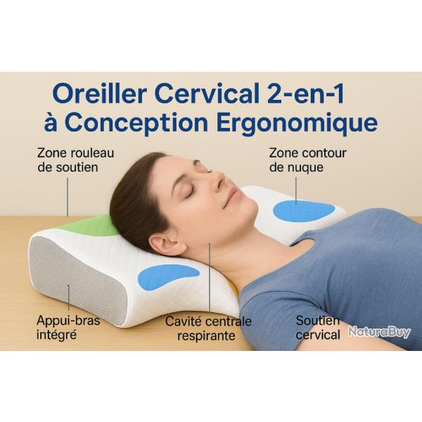 Oreiller Cervical Ergonomique Mousse Mmoire Forme 60x30 cm Anti-ronflement Soutien Nuque Camping