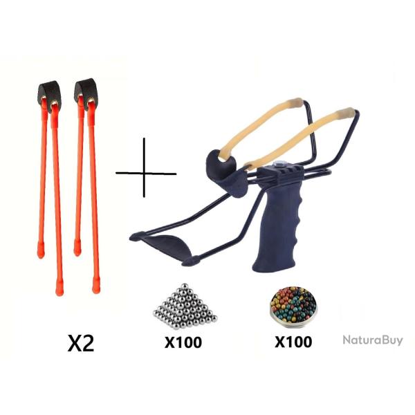 Pack Fronde de chasse / lance pierre noir avec support poign�e et deux elastiques de rechange