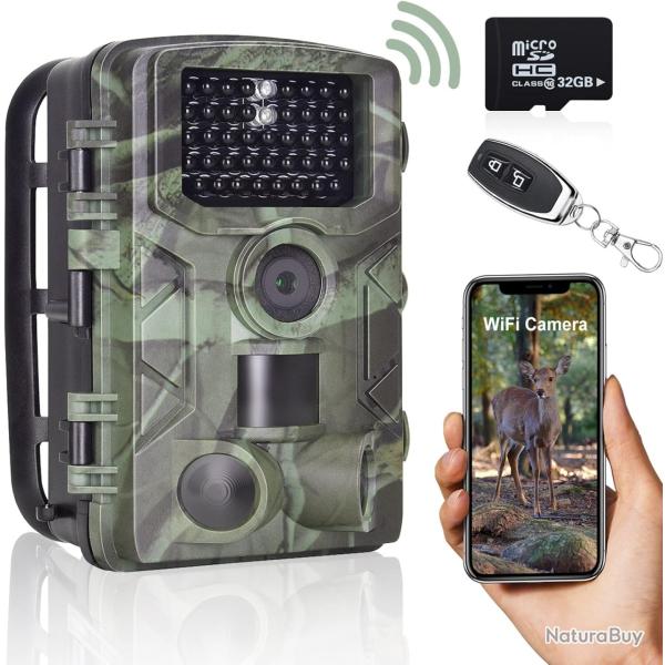 Cam�ra de Chasse WiFi App 24MP 1296P avec 120� Vision Nocturne IP65 �tanche Carte SD de 32 Go