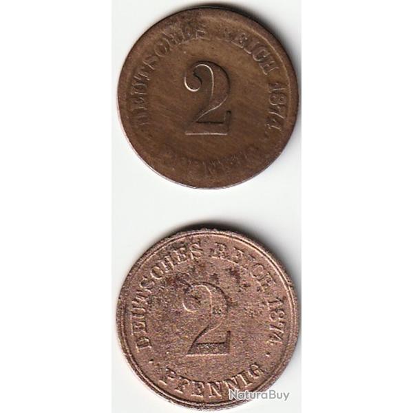 Lot de 2 Pi�ces de Monnaie Allemagne 2 pfennig - Wilhelm I type 1 - petit aigle 1874 G Recherch�e