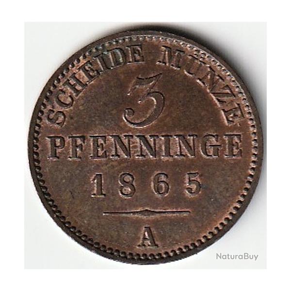 Pi�ce de Monnaie Allemagne 3 pfenninge - Wilhelm I 1865 A sup et recherch�e