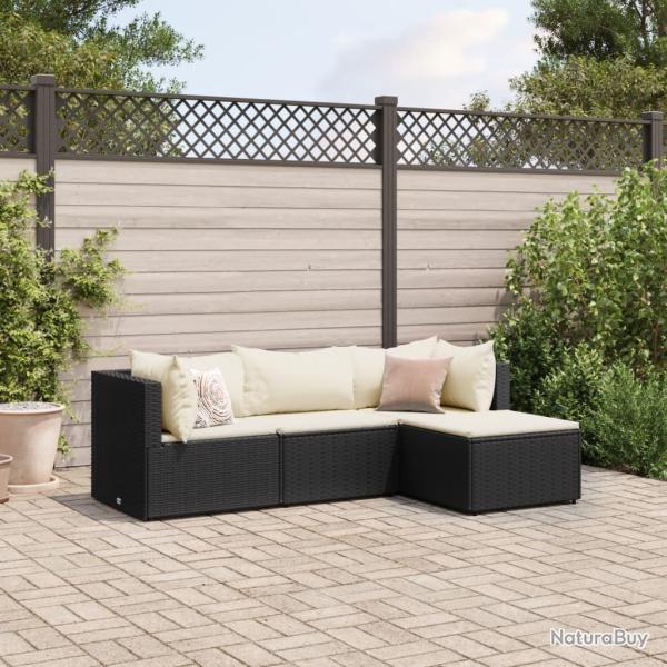Salon de jardin 4 pcs avec coussins Noir R�sine tress�e
