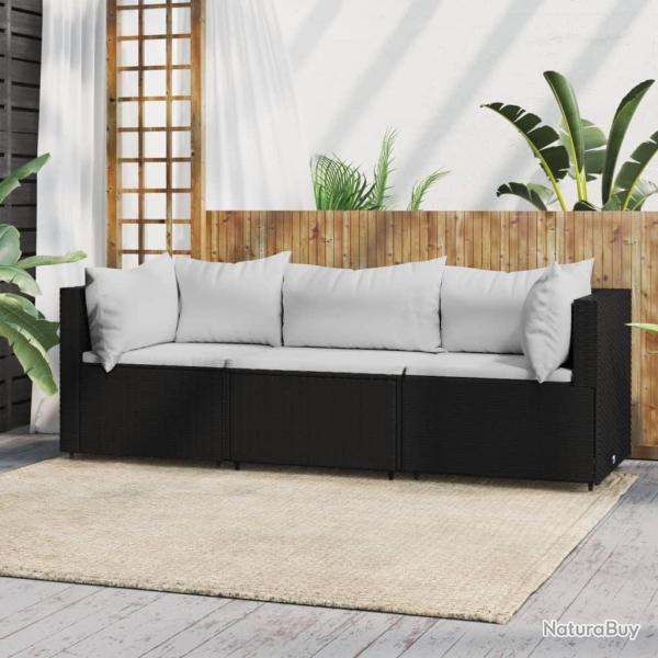 Salon de jardin 3 pcs avec coussins Noir R�sine tress�e