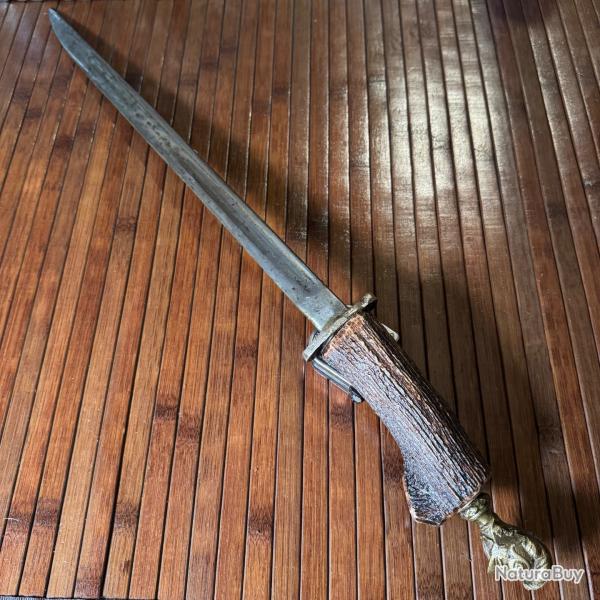 GRANDE DAGUE POIGNARD 61 CM FORTE FUS�E BOIS DE CERF POMMEAU AU CASQUE EMPANACH� DE CHEVALIER XlX em
