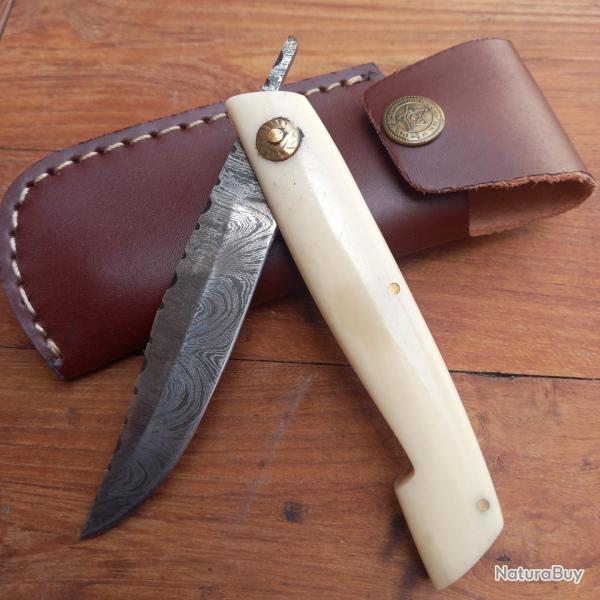 Couteau artisanal Pi�montais Damas Manche en Rodhoide avec �tui en cuir