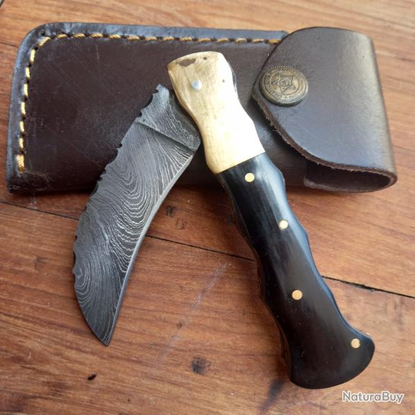 Solide Couteau Serpette Damas Manche en Corne avec �tui en cuir