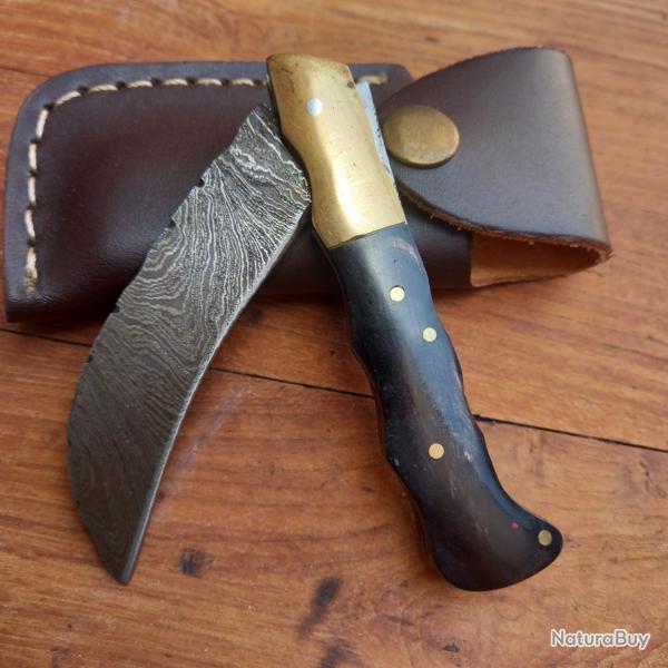 Couteau Serpette Damas Manche en Corne avec �tui en cuir